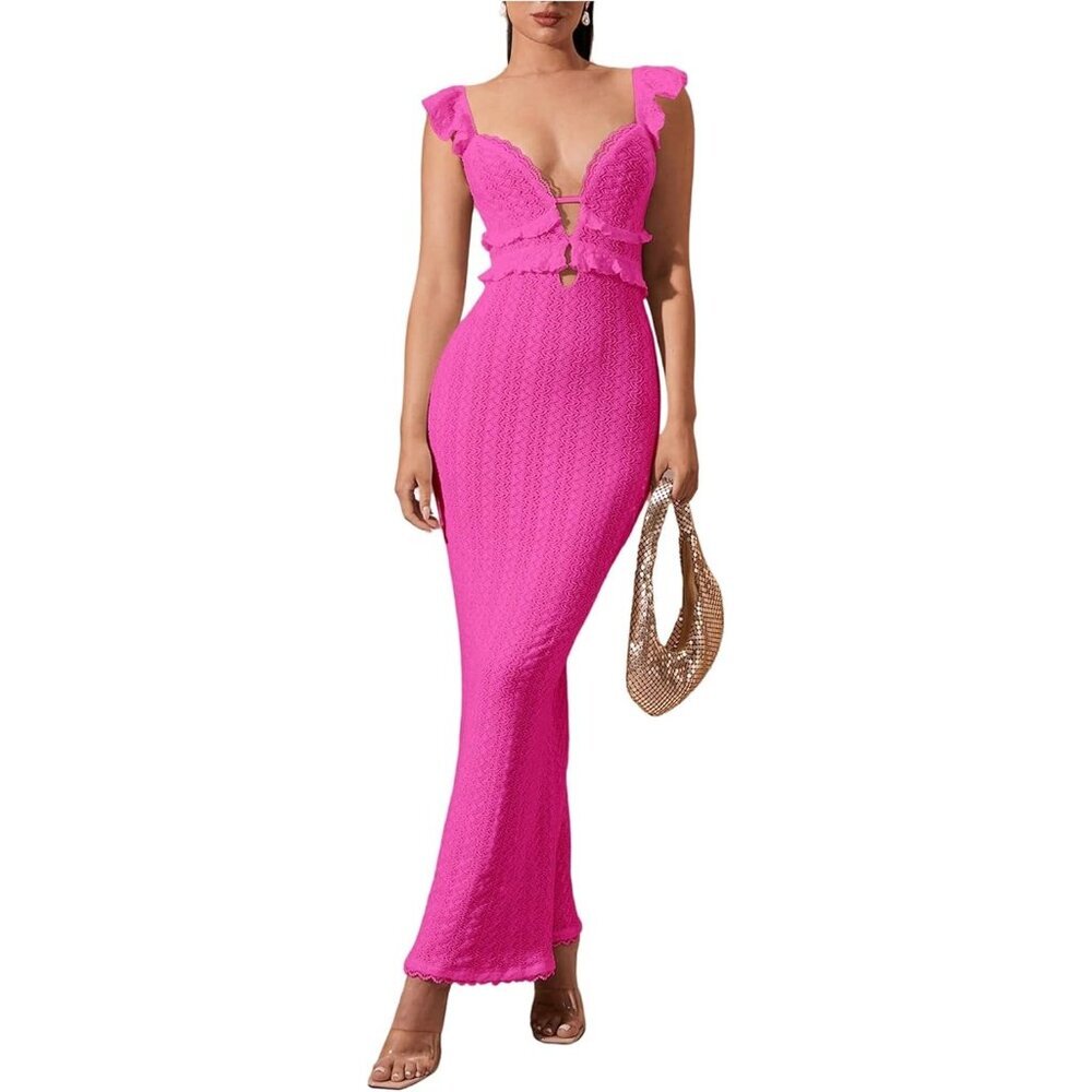 Women Solid Hot-pink Crochet Ruffle Sleeveless Bodycon Long Maxi Dress
